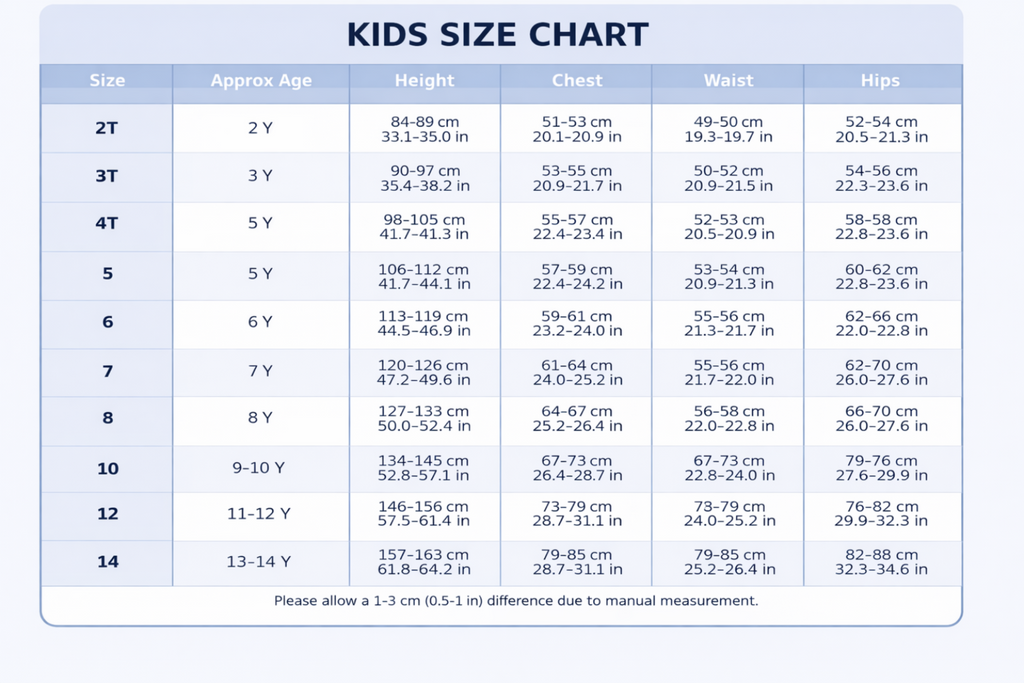 Kids size chart showing measurements for various ages and sizes.