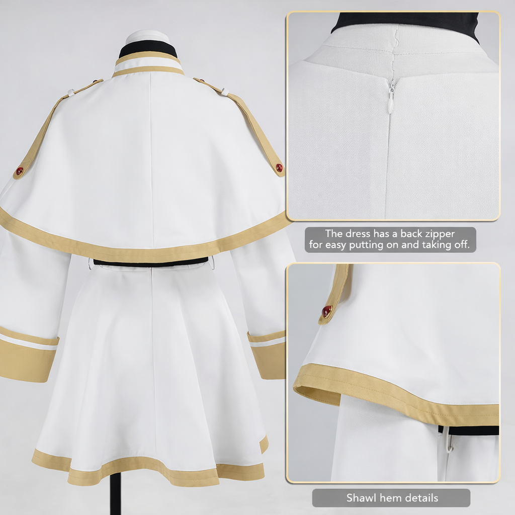 White dress with gold accents on a mannequin, showing details of the back zipper and shawl hem.