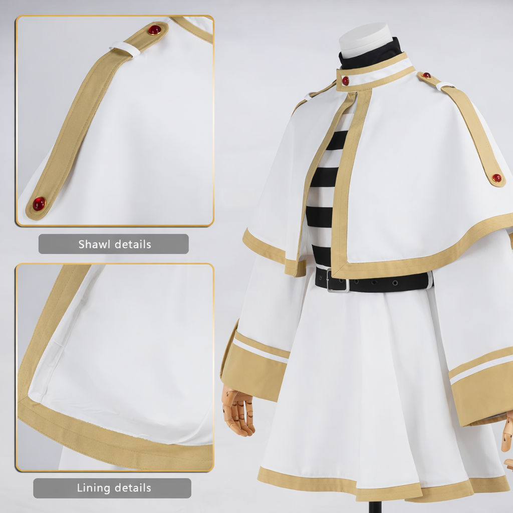 White and gold uniform with close-up details on a white background