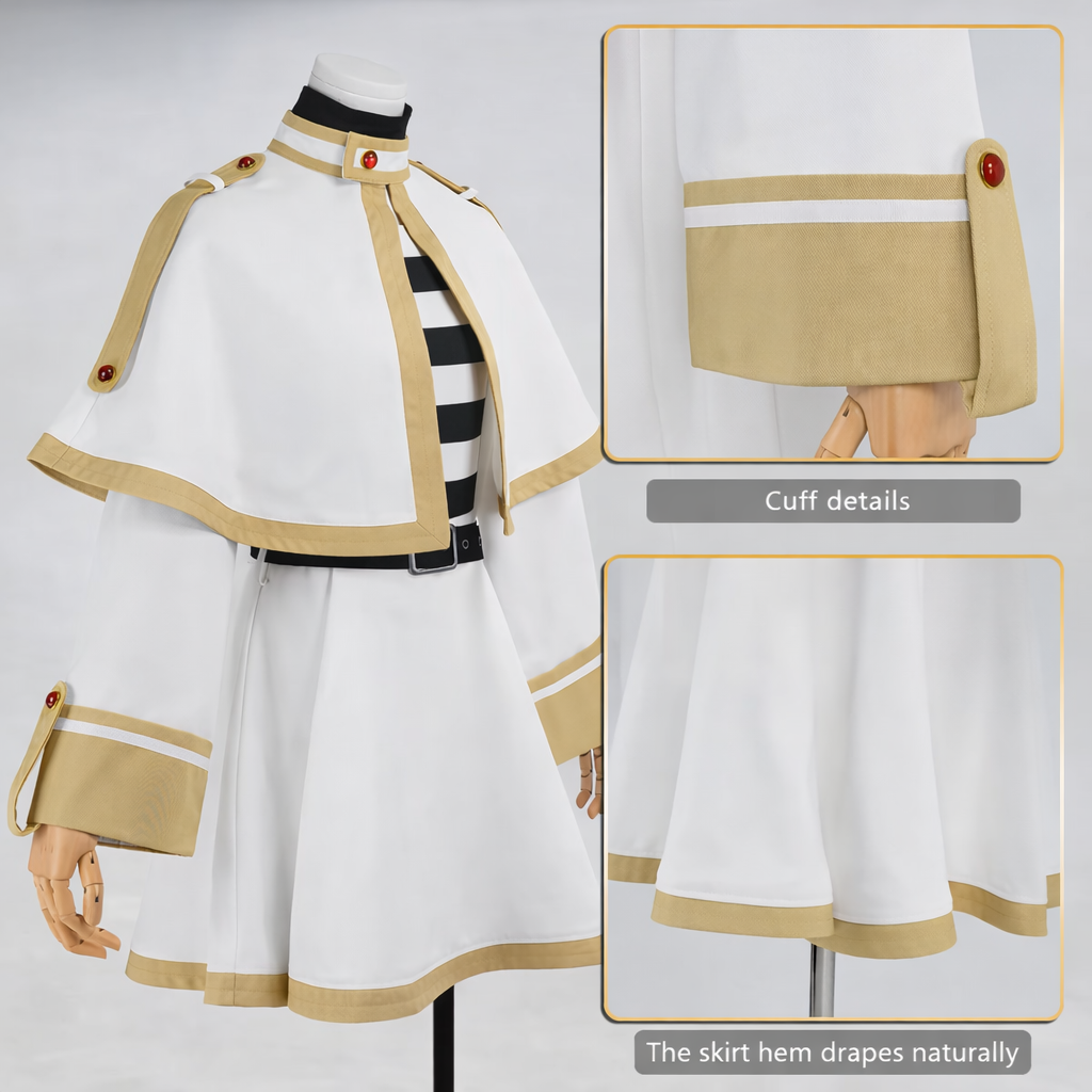 White and beige costume with black and white striped accents on a mannequin, showing cuff details.