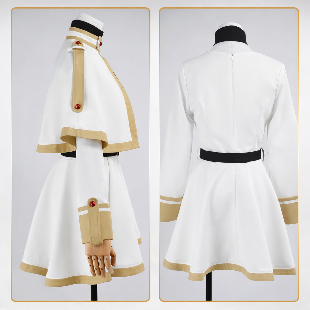 White and gold costume with black accents on a mannequin against a light gray background