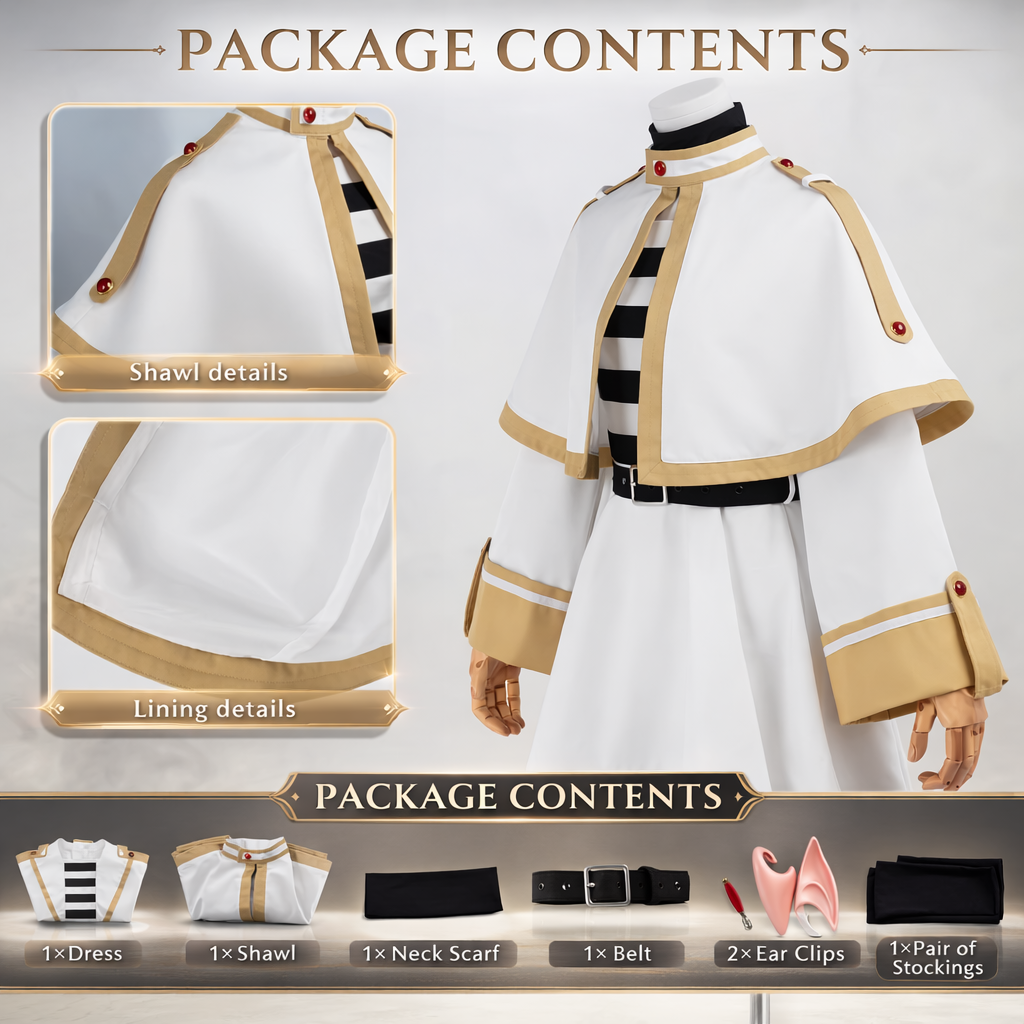Cosplay costume package with detailed view and included items listed.
