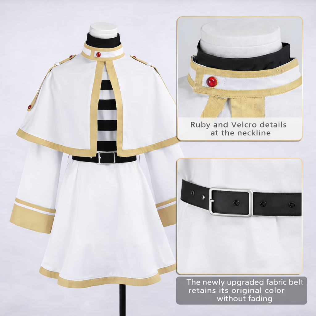 White and gold costume with black belt and red buttons on a white background