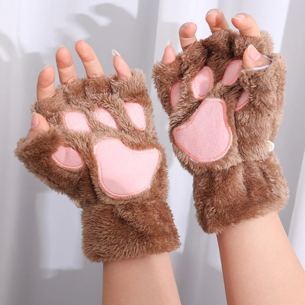 Fluffy Cat Paw Fingerless Gloves – Plush Cosplay Mittens