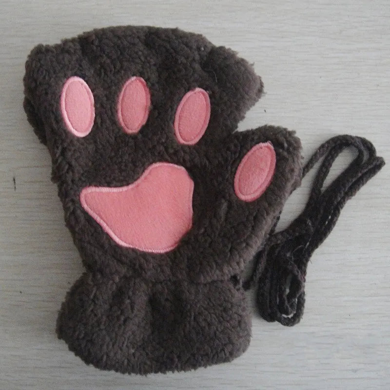 Fluffy Cat Paw Fingerless Gloves – Plush Cosplay Mittens