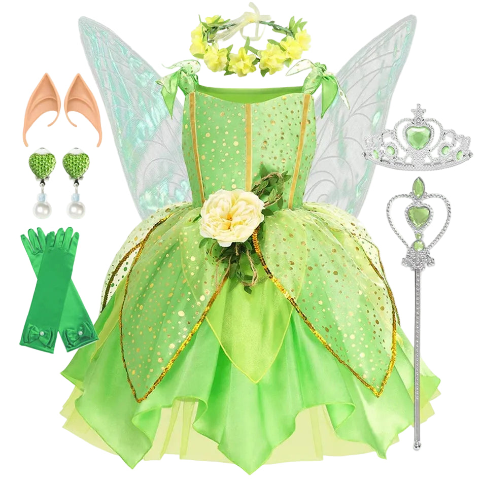 Girls Green Fairy Princess Costume – Magical Dress & Wings Set for Kids