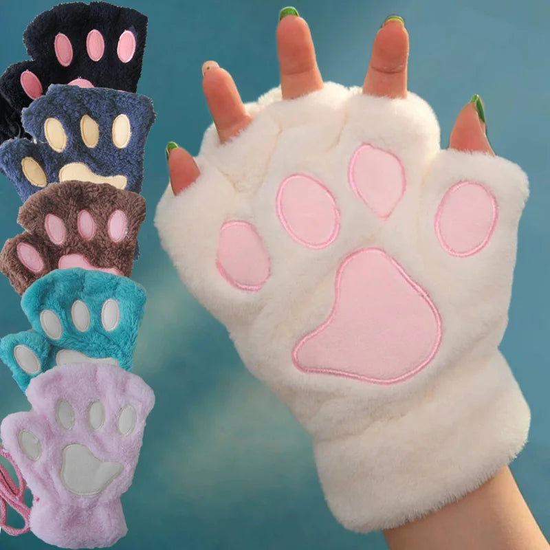Fluffy Cat Paw Fingerless Gloves – Plush Cosplay Mittens