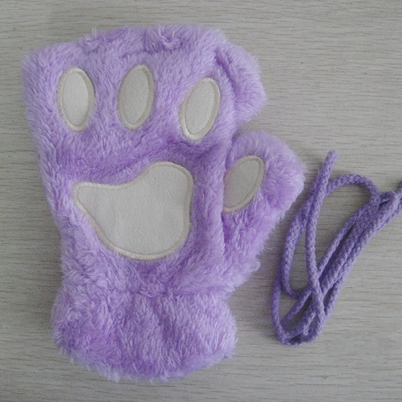 Fluffy Cat Paw Fingerless Gloves – Plush Cosplay Mittens