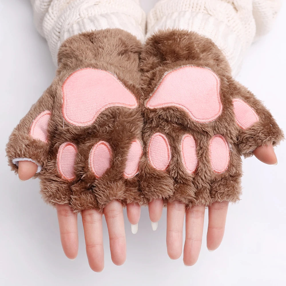 Fluffy Cat Paw Fingerless Gloves – Plush Cosplay Mittens