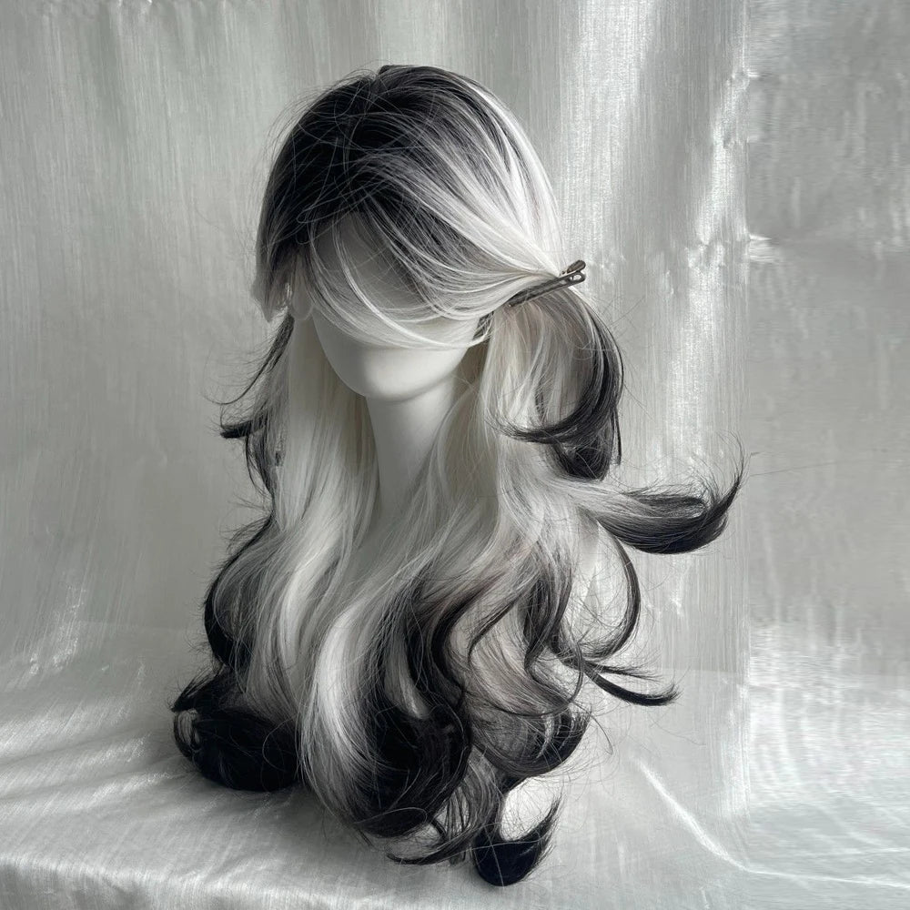 Long Black Ombre White Wig – Fluffy Heat-Resistant Cosplay Wig