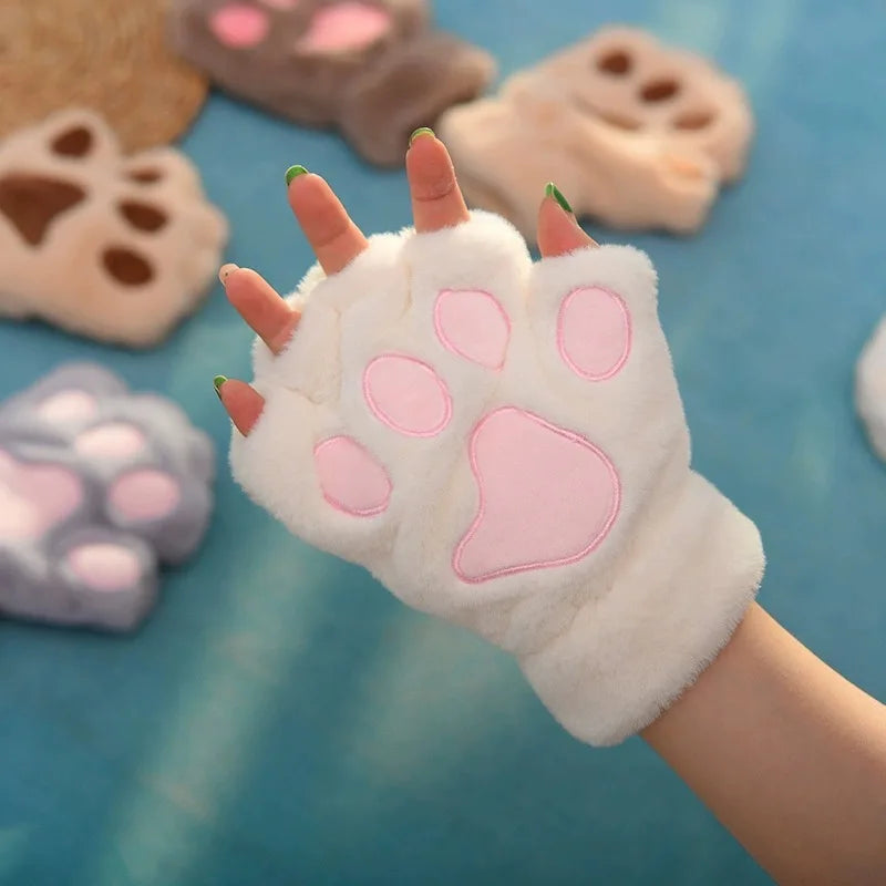 Fluffy Cat Paw Fingerless Gloves – Plush Cosplay Mittens