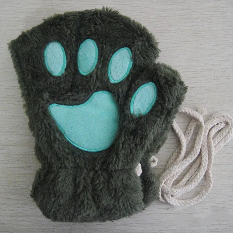 Fluffy Cat Paw Fingerless Gloves – Plush Cosplay Mittens