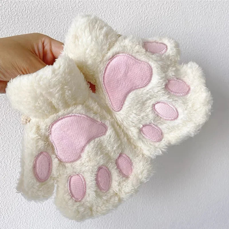 Fluffy Cat Paw Fingerless Gloves – Plush Cosplay Mittens