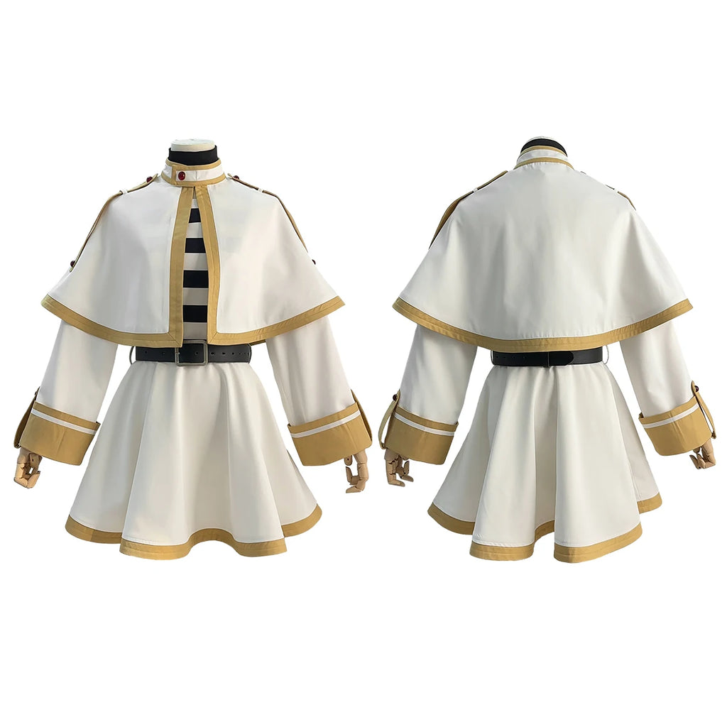 White and gold costume with black belt on a white background