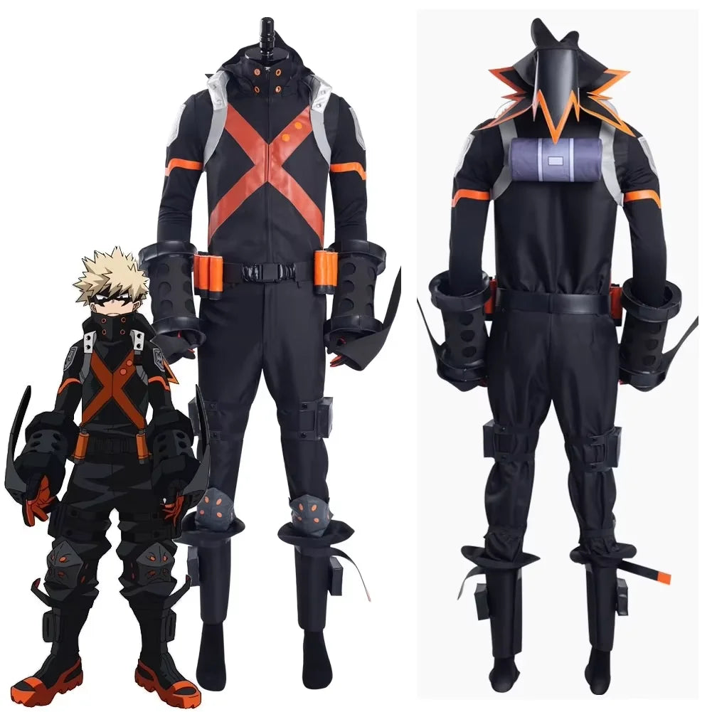 Black and orange superhero costume with detailed design on a white background