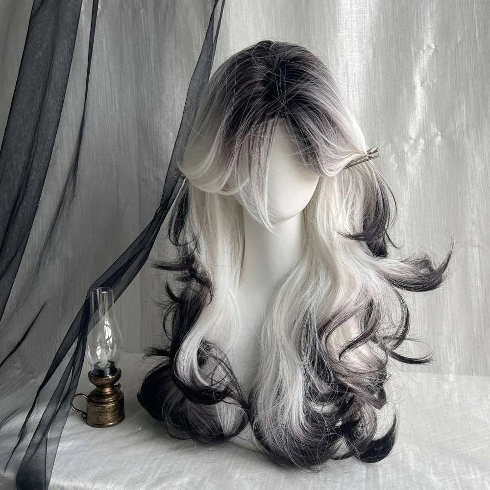 Long Black Ombre White Wig – Fluffy Heat-Resistant Cosplay Wig