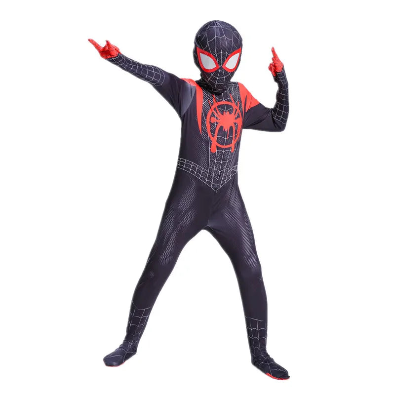 Kids Superhero Bodysuit Cosplay Costume – Miles Morales Hooded Jumpsuit Set