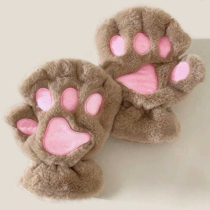 Fluffy Cat Paw Fingerless Gloves – Plush Cosplay Mittens
