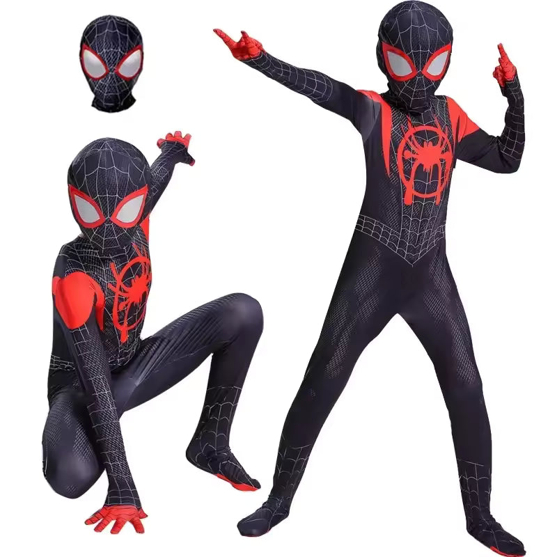 Kids Superhero Bodysuit Cosplay Costume – Miles Morales Hooded Jumpsuit Set