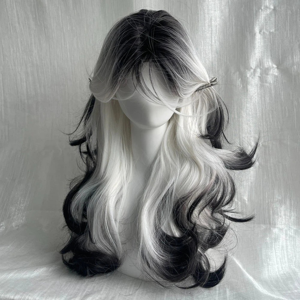 Long Black Ombre White Wig – Fluffy Heat-Resistant Cosplay Wig