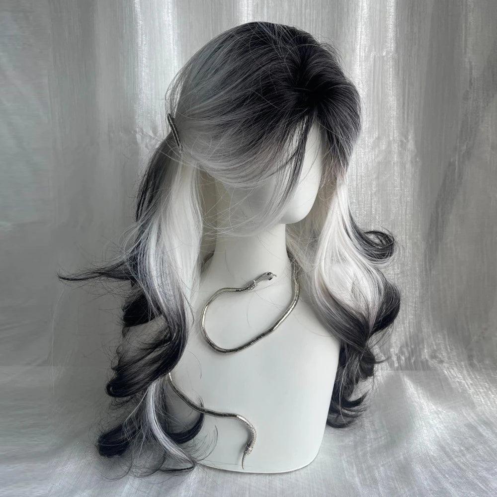 Long Black Ombre White Wig – Fluffy Heat-Resistant Cosplay Wig