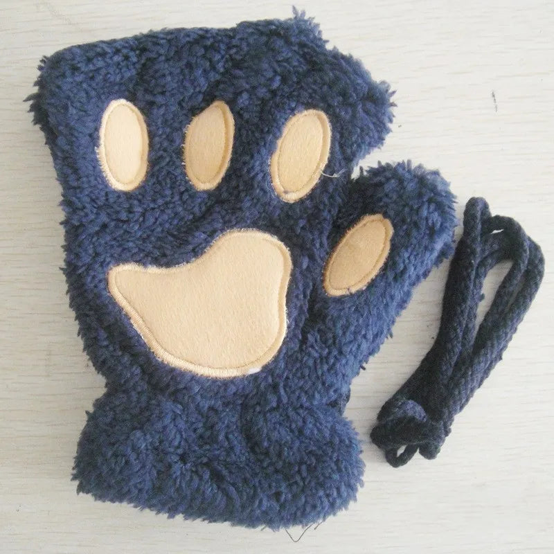 Fluffy Cat Paw Fingerless Gloves – Plush Cosplay Mittens
