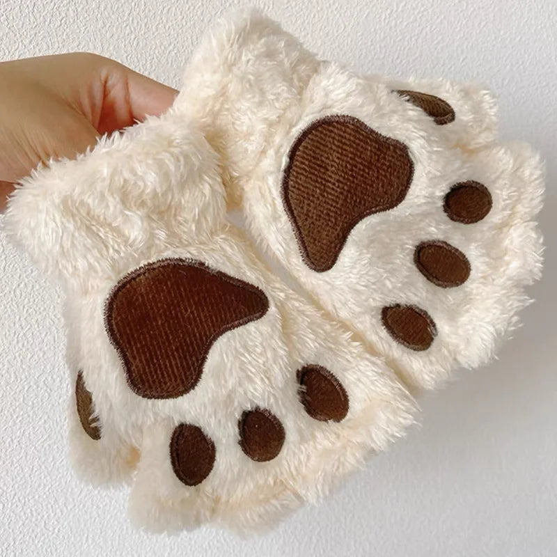 Fluffy Cat Paw Fingerless Gloves – Plush Cosplay Mittens