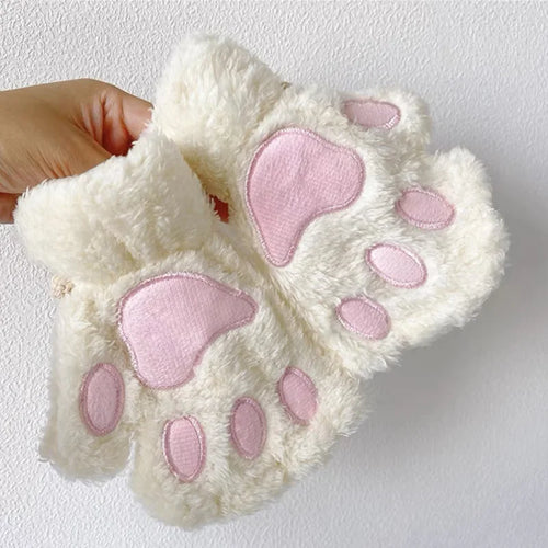 Fluffy Cat Paw Fingerless Gloves – Plush Cosplay Mittens