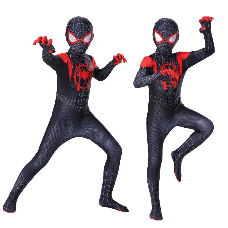 Kids Superhero Bodysuit Cosplay Costume – Miles Morales Hooded Jumpsuit Set