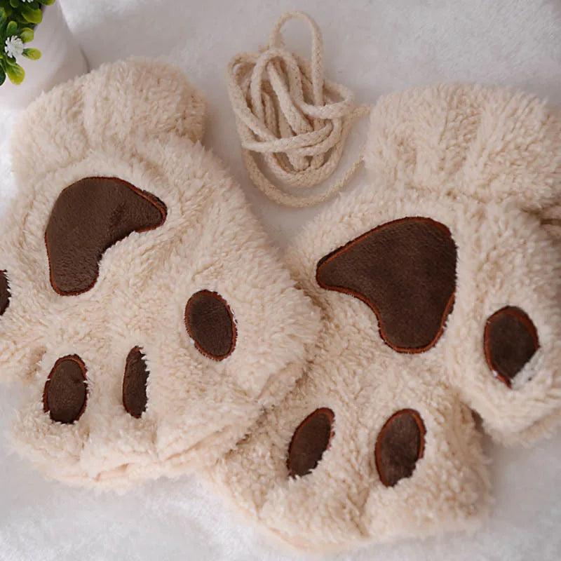 Fluffy Cat Paw Fingerless Gloves – Plush Cosplay Mittens