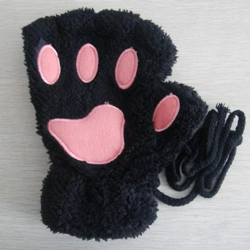 Fluffy Cat Paw Fingerless Gloves – Plush Cosplay Mittens
