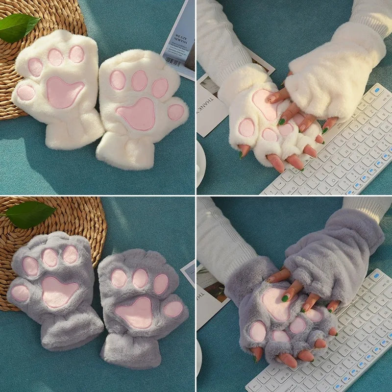 Fluffy Cat Paw Fingerless Gloves – Plush Cosplay Mittens