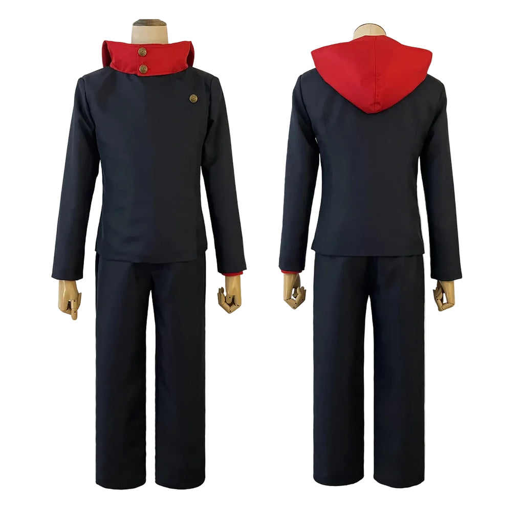 Black outfit with red hood on mannequins against a white background