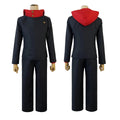 Black outfit with red hood on mannequins against a white background
