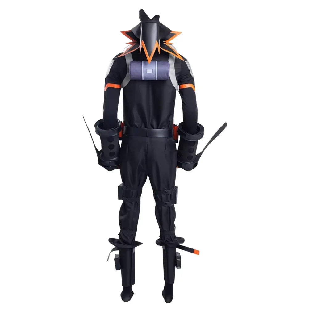 Black and orange superhero costume with helmet on a white background