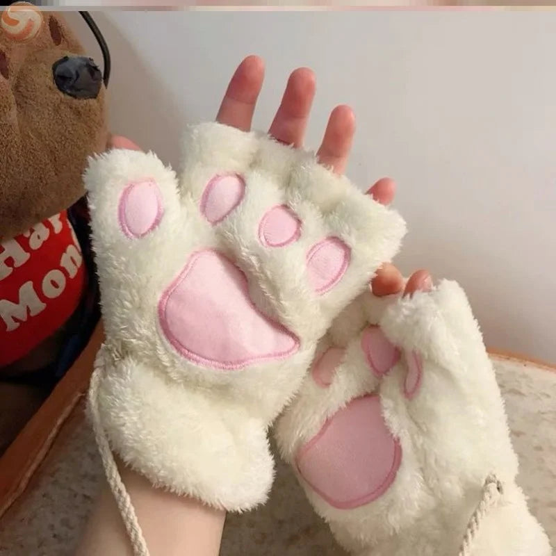 Fluffy Cat Paw Fingerless Gloves – Plush Cosplay Mittens