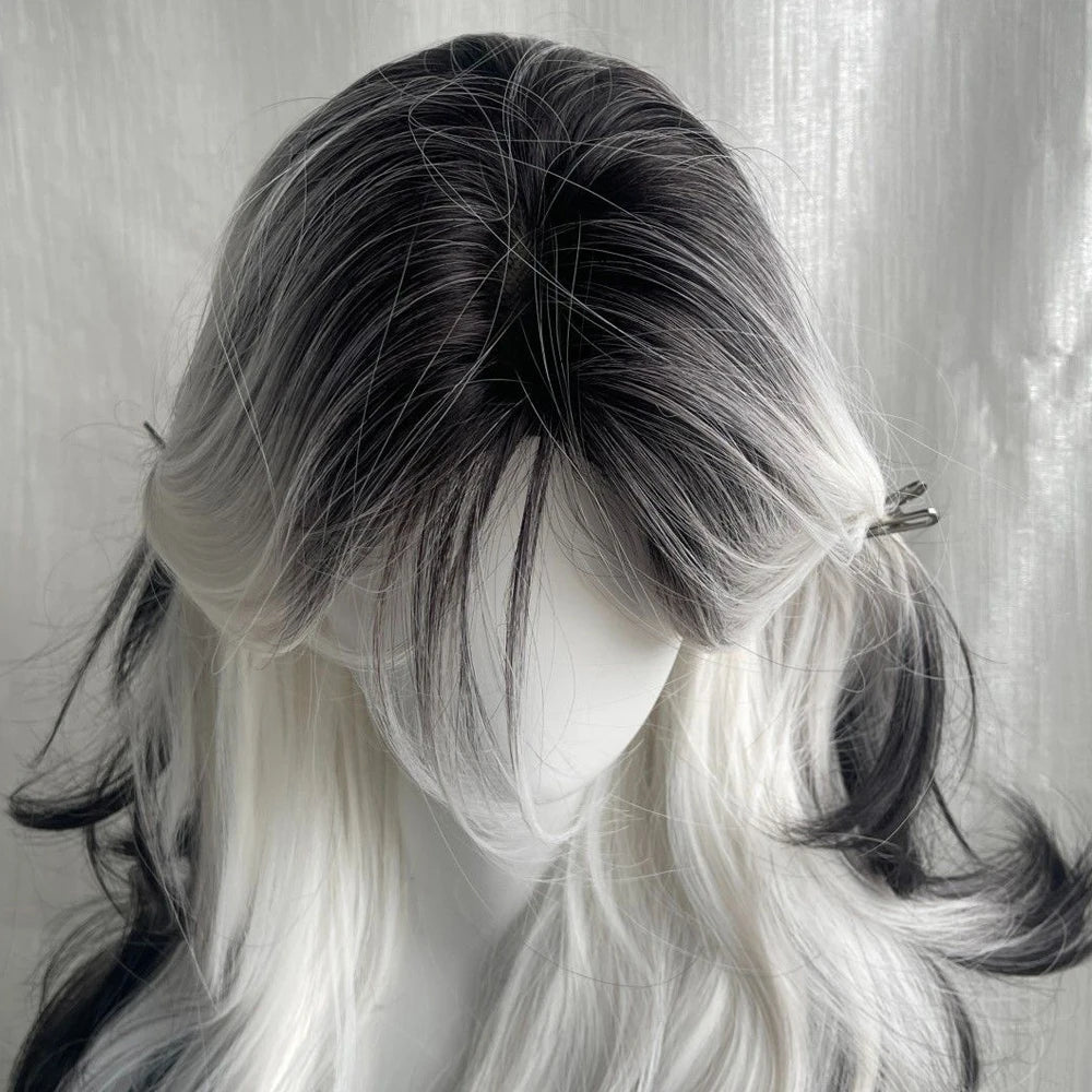 Long Black Ombre White Wig – Fluffy Heat-Resistant Cosplay Wig