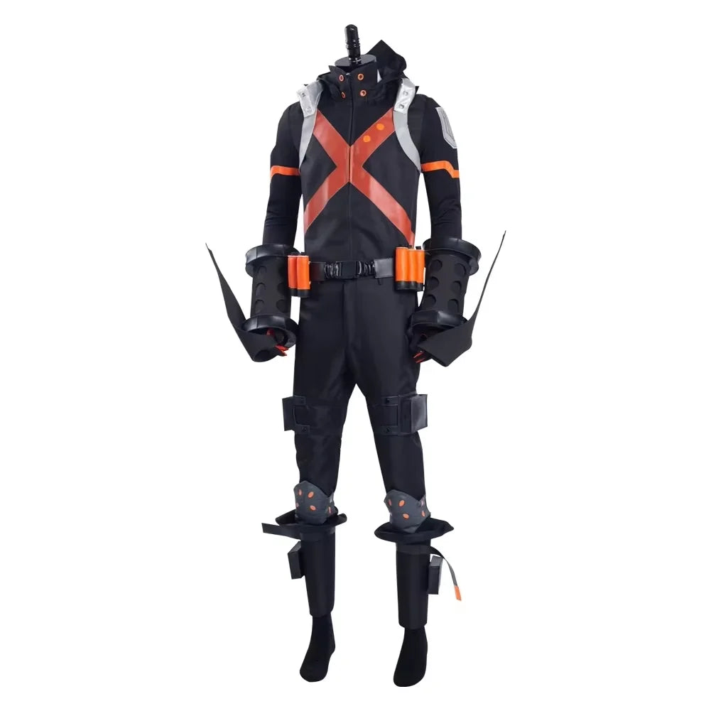 Black and orange superhero costume with armor on a white background