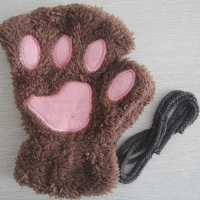 Fluffy Cat Paw Fingerless Gloves – Plush Cosplay Mittens