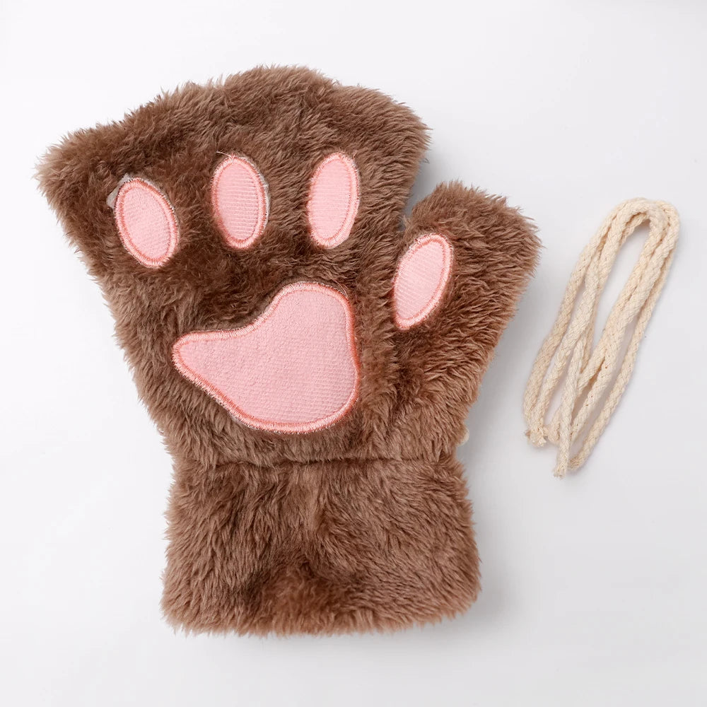 Fluffy Cat Paw Fingerless Gloves – Plush Cosplay Mittens