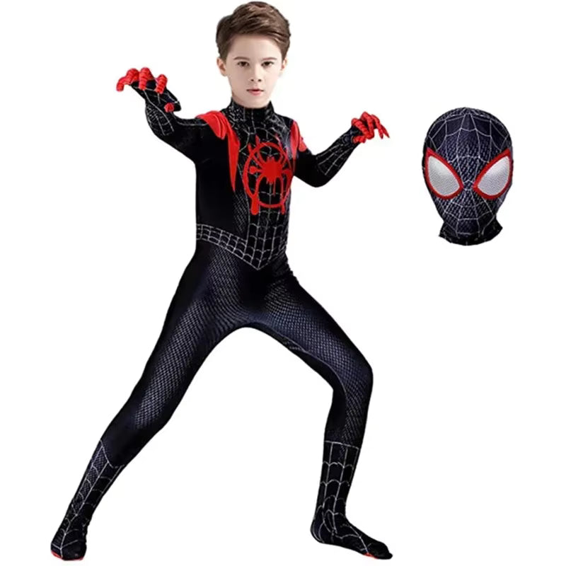 Kids Superhero Bodysuit Cosplay Costume – Miles Morales Hooded Jumpsuit Set