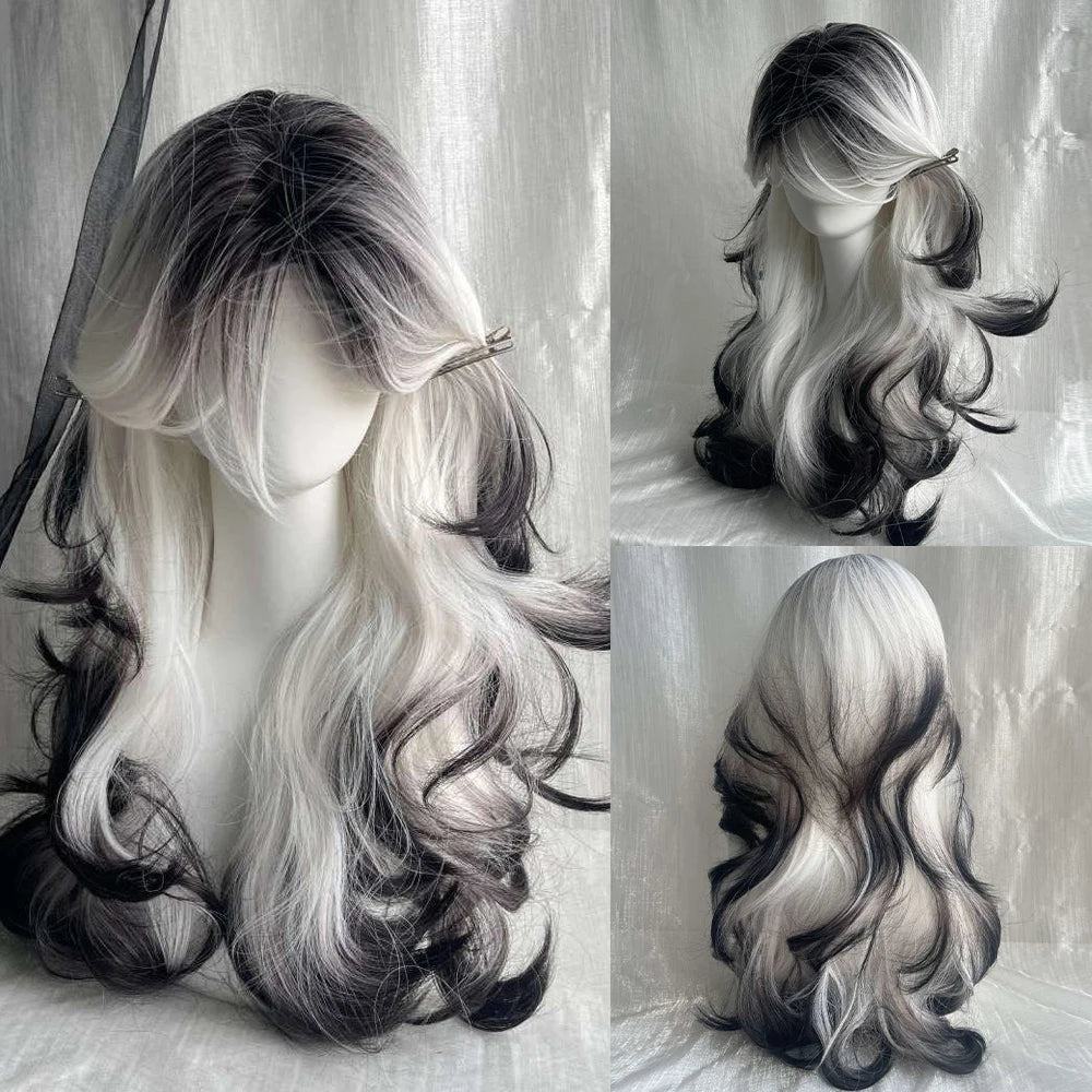 Long Black Ombre White Wig – Fluffy Heat-Resistant Cosplay Wig