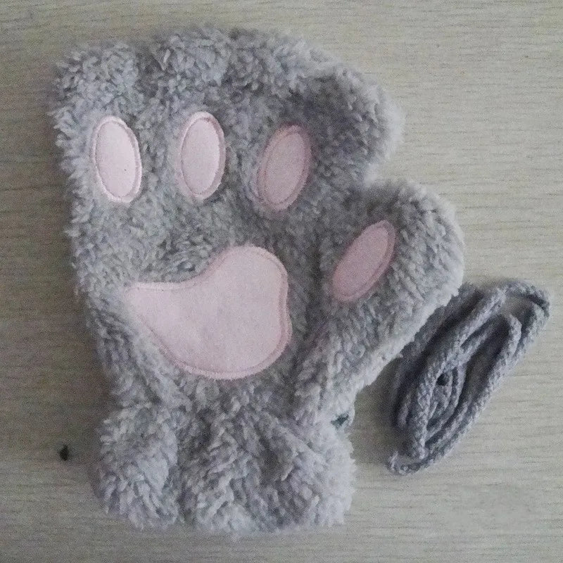 Fluffy Cat Paw Fingerless Gloves – Plush Cosplay Mittens