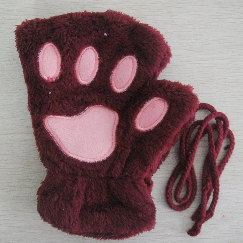 Fluffy Cat Paw Fingerless Gloves – Plush Cosplay Mittens