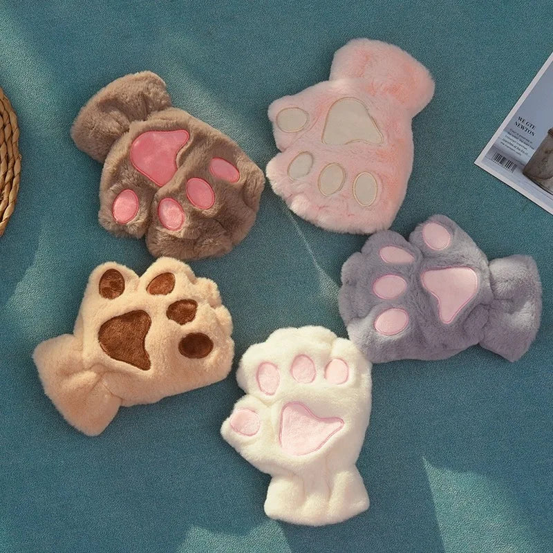 Fluffy Cat Paw Fingerless Gloves – Plush Cosplay Mittens