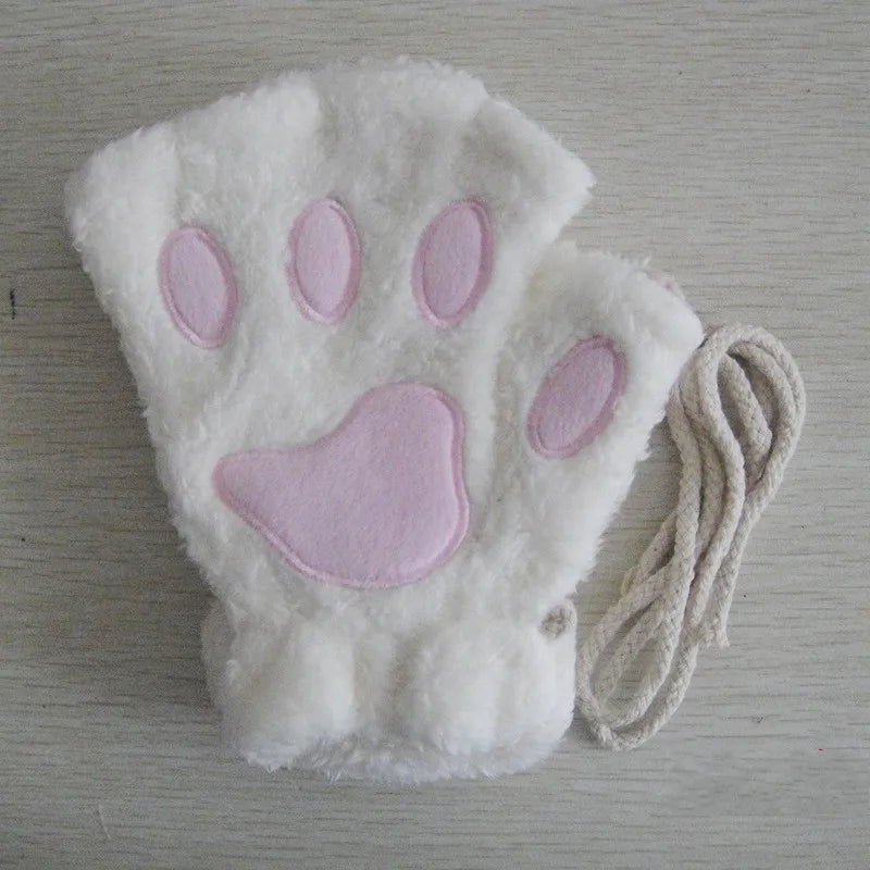 Fluffy Cat Paw Fingerless Gloves – Plush Cosplay Mittens