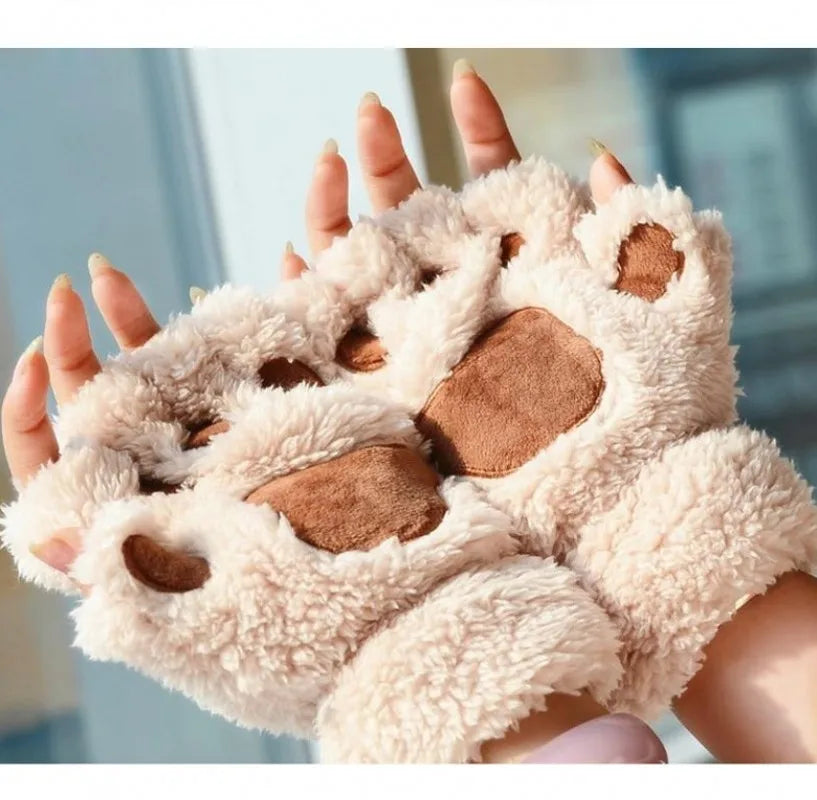 Fluffy Cat Paw Fingerless Gloves – Plush Cosplay Mittens