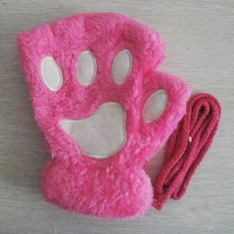 Fluffy Cat Paw Fingerless Gloves – Plush Cosplay Mittens